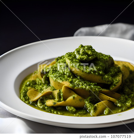 pesto alla genovese served on plate ingredients parmesan basil pine nuts pesto alla genovese served on plate ingredients parmesan basil pine nuts 107077519