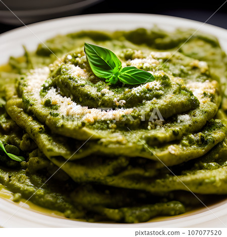pesto alla genovese served on plate ingredients parmesan basil pine nuts pesto alla genovese served on plate ingredients parmesan basil pine nuts 107077520