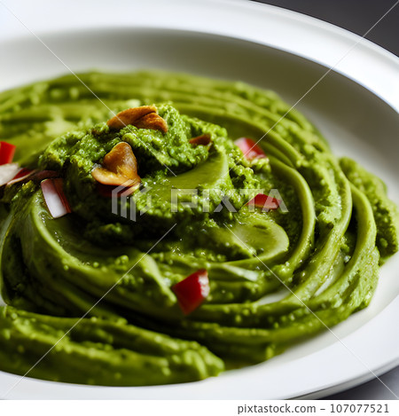 pesto alla genovese served on plate ingredients parmesan basil pine nuts pesto alla genovese served on plate ingredients parmesan basil pine nuts 107077521