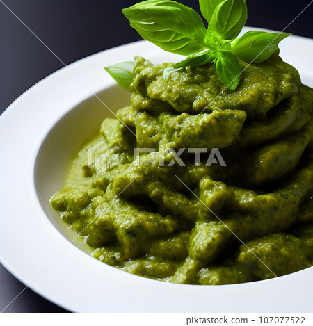 pesto alla genovese served on plate ingredients parmesan basil pine nuts pesto alla genovese served on plate ingredients parmesan basil pine nuts 107077522