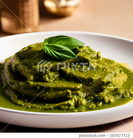 pesto alla genovese served on plate ingredients parmesan basil pine nuts pesto alla genovese served on plate ingredients parmesan basil pine nuts 107077523