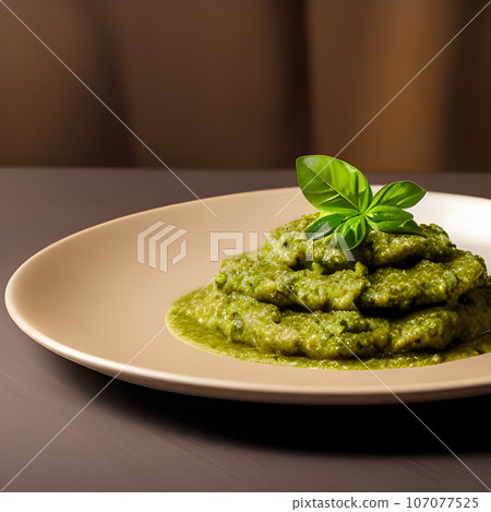 pesto alla genovese served on plate ingredients parmesan basil pine nuts pesto alla genovese served on plate ingredients parmesan basil pine nuts 107077525