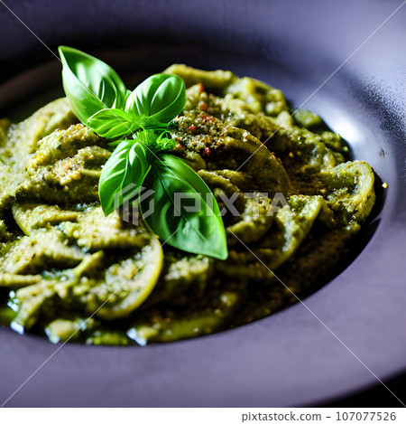 pesto alla genovese served on plate ingredients parmesan basil pine nuts pesto alla genovese served on plate ingredients parmesan basil pine nuts 107077526