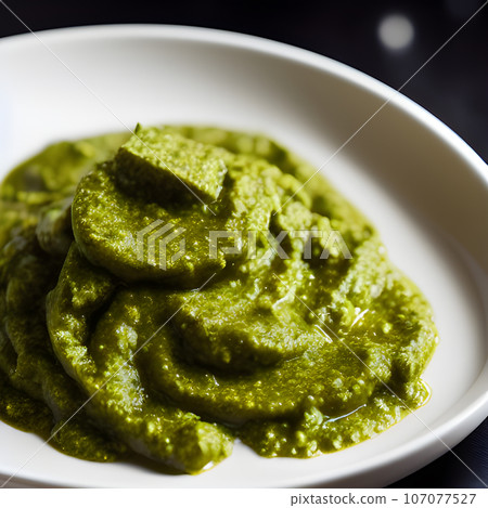pesto alla genovese served on plate ingredients parmesan basil pine nuts pesto alla genovese served on plate ingredients parmesan basil pine nuts 107077527