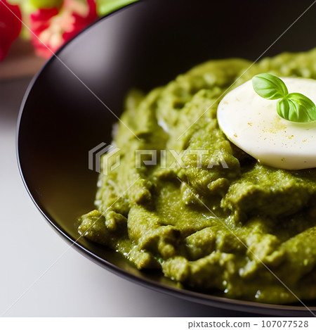pesto alla genovese served on plate ingredients parmesan basil pine nuts pesto alla genovese served on plate ingredients parmesan basil pine nuts 107077528