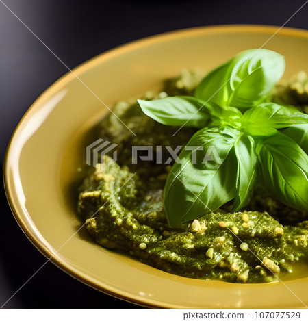 pesto alla genovese served on plate ingredients parmesan basil pine nuts pesto alla genovese served on plate ingredients parmesan basil pine nuts 107077529