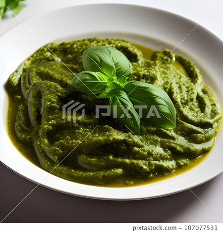 pesto alla genovese served on plate ingredients parmesan basil pine nuts pesto alla genovese served on plate ingredients parmesan basil pine nuts 107077531