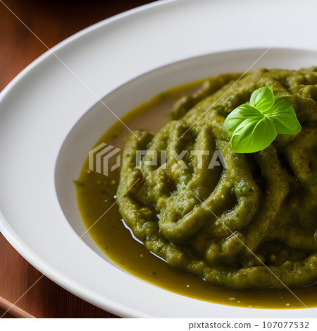 pesto alla genovese served on plate ingredients parmesan basil pine nuts pesto alla genovese served on plate ingredients parmesan basil pine nuts 107077532