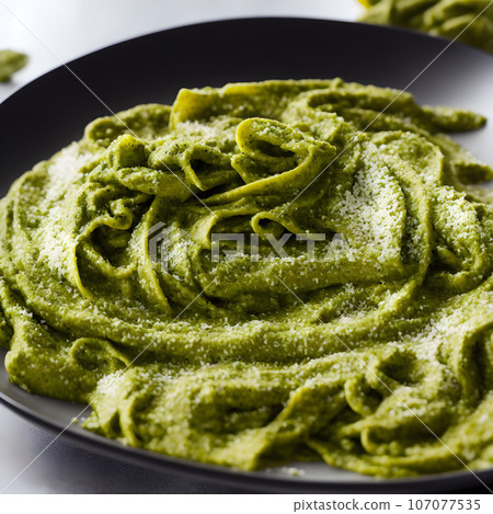 pesto alla genovese served on plate ingredients parmesan basil pine nuts pesto alla genovese served on plate ingredients parmesan basil pine nuts 107077535