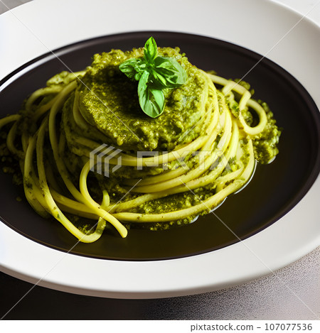 pesto alla genovese served on plate ingredients parmesan basil pine nuts pesto alla genovese served on plate ingredients parmesan basil pine nuts 107077536
