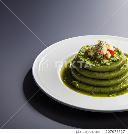 pesto alla genovese served on plate ingredients parmesan basil pine nuts pesto alla genovese served on plate ingredients parmesan basil pine nuts 107077537