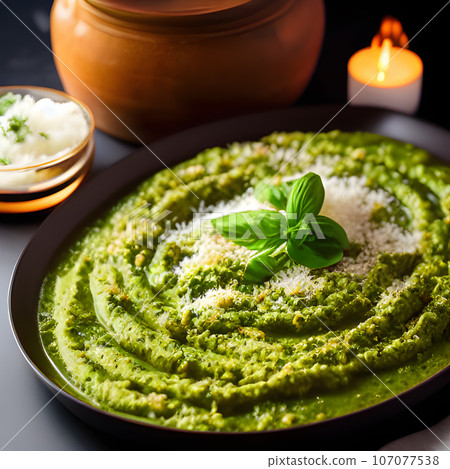 pesto alla genovese served on plate ingredients parmesan basil pine nuts pesto alla genovese served on plate ingredients parmesan basil pine nuts 107077538