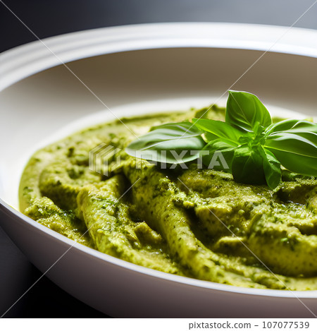 pesto alla genovese served on plate ingredients parmesan basil pine nuts pesto alla genovese served on plate ingredients parmesan basil pine nuts 107077539