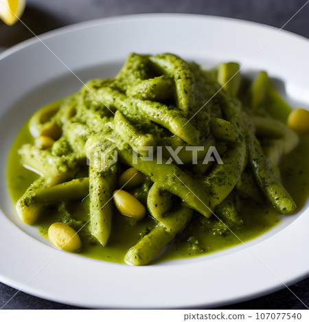 pesto alla genovese served on plate ingredients parmesan basil pine nuts pesto alla genovese served on plate ingredients parmesan basil pine nuts 107077540