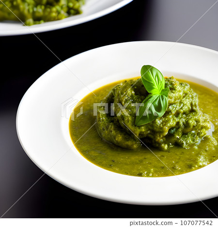pesto alla genovese served on plate ingredients parmesan basil pine nuts pesto alla genovese served on plate ingredients parmesan basil pine nuts 107077542