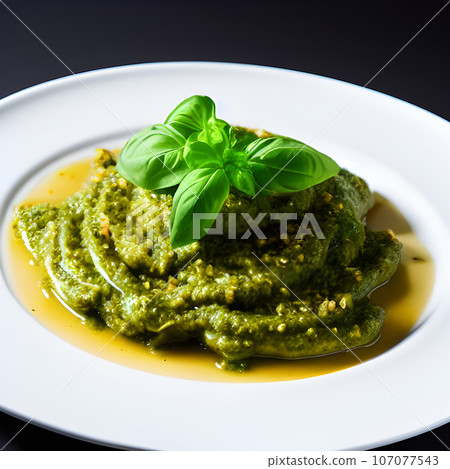 pesto alla genovese served on plate ingredients parmesan basil pine nuts pesto alla genovese served on plate ingredients parmesan basil pine nuts 107077543