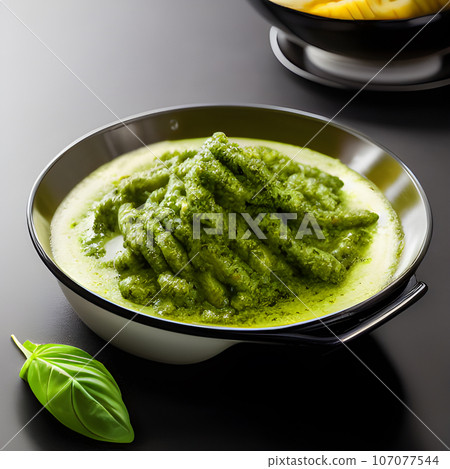 pesto alla genovese served on plate ingredients parmesan basil pine nuts pesto alla genovese served on plate ingredients parmesan basil pine nuts 107077544