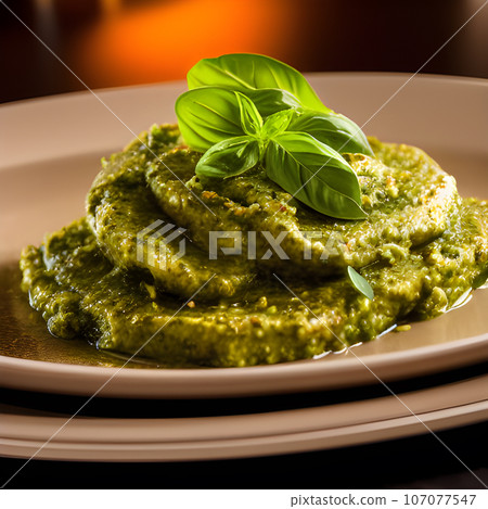 pesto alla genovese served on plate ingredients parmesan basil pine nuts pesto alla genovese served on plate ingredients parmesan basil pine nuts 107077547