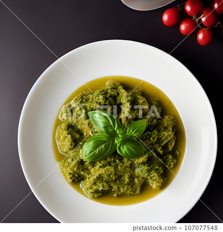 pesto alla genovese served on plate ingredients parmesan basil pine nuts pesto alla genovese served on plate ingredients parmesan basil pine nuts 107077548