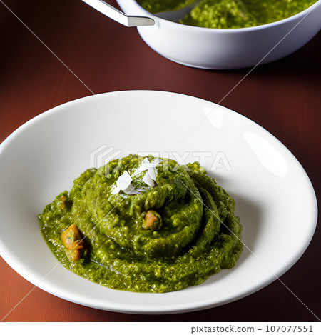 pesto alla genovese served on plate ingredients parmesan basil pine nuts pesto alla genovese served on plate ingredients parmesan basil pine nuts 107077551