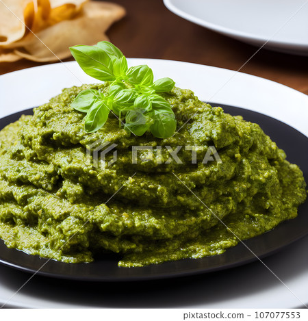 pesto alla genovese served on plate ingredients parmesan basil pine nuts pesto alla genovese served on plate ingredients parmesan basil pine nuts 107077553