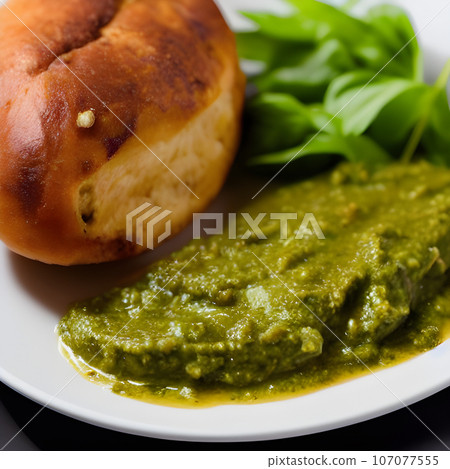 pesto alla genovese served on plate ingredients parmesan basil pine nuts pesto alla genovese served on plate ingredients parmesan basil pine nuts 107077555