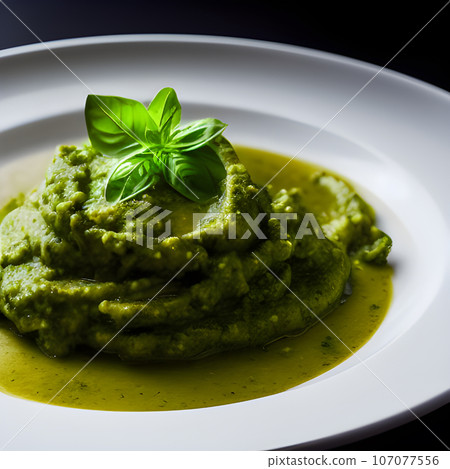 pesto alla genovese served on plate ingredients parmesan basil pine nuts pesto alla genovese served on plate ingredients parmesan basil pine nuts 107077556