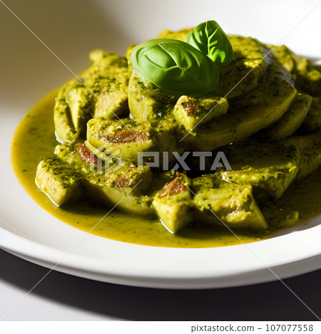 pesto alla genovese served on plate ingredients parmesan basil pine nuts pesto alla genovese served on plate ingredients parmesan basil pine nuts 107077558