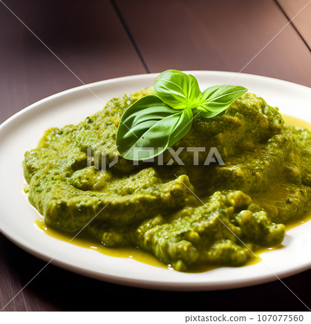 pesto alla genovese served on plate ingredients parmesan basil pine nuts pesto alla genovese served on plate ingredients parmesan basil pine nuts 107077560