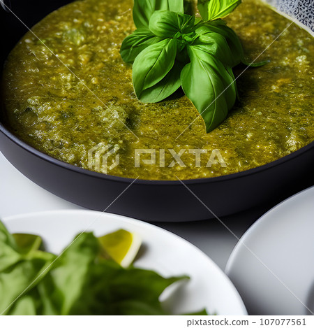 pesto alla genovese served on plate ingredients parmesan basil pine nuts pesto alla genovese served on plate ingredients parmesan basil pine nuts 107077561