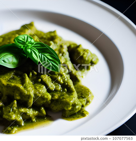 pesto alla genovese served on plate ingredients parmesan basil pine nuts pesto alla genovese served on plate ingredients parmesan basil pine nuts 107077563