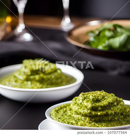 pesto alla genovese served on plate ingredients parmesan basil pine nuts pesto alla genovese served on plate ingredients parmesan basil pine nuts 107077564