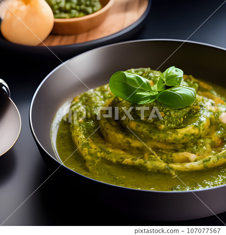 pesto alla genovese served on plate ingredients parmesan basil pine nuts 107077567