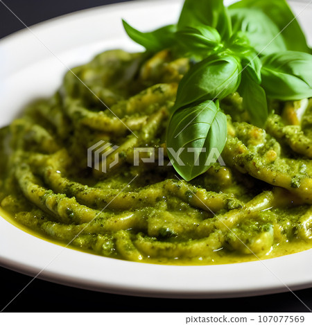 pesto alla genovese served on plate ingredients parmesan basil pine nuts pesto alla genovese served on plate ingredients parmesan basil pine nuts 107077569