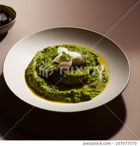 pesto alla genovese served on plate ingredients parmesan basil pine nuts pesto alla genovese served on plate ingredients parmesan basil pine nuts 107077570