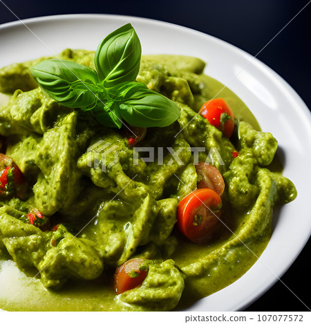pesto alla genovese served on plate ingredients parmesan basil pine nuts pesto alla genovese served on plate ingredients parmesan basil pine nuts 107077572