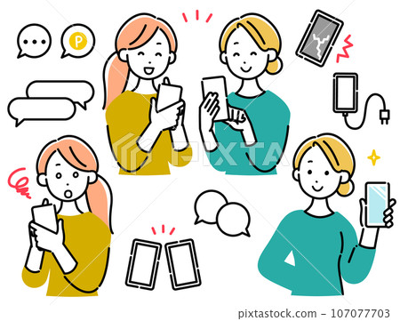 Women with smartphones, friends pose set and icon set Women with smartphones, friends pose set and icon set 107077703