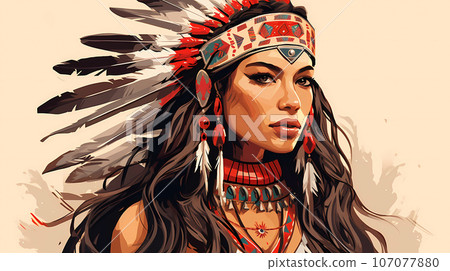 手绘卡通美洲印第安部落女孩插画 107077880