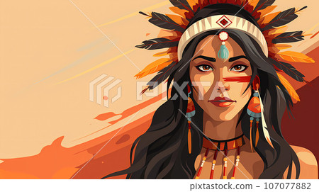 手绘卡通美洲印第安部落女孩插画 107077882