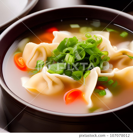 Shrimp dumplings with wonton soup delicious served on bowl Shrimp dumplings with wonton soup delicious served on bowl 107078012
