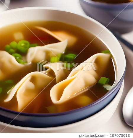 Shrimp dumplings with wonton soup delicious served on bowl 107078018
