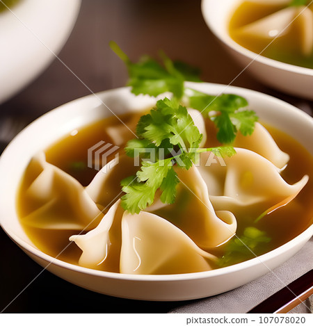 Shrimp dumplings with wonton soup delicious served on bowl 107078020