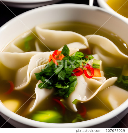 Shrimp dumplings with wonton soup delicious served on bowl Shrimp dumplings with wonton soup delicious served on bowl 107078029