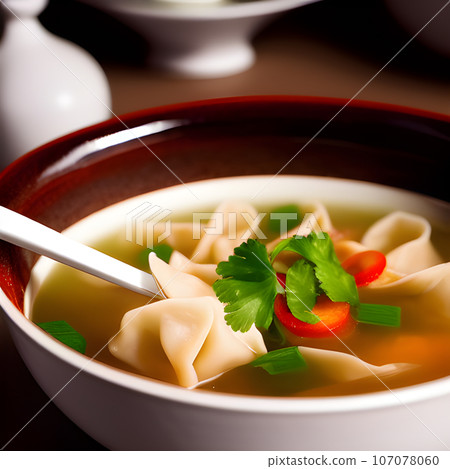 Shrimp dumplings with wonton soup delicious served on bowl 107078060