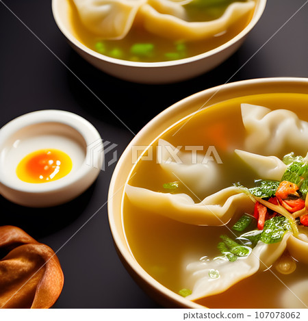 Shrimp dumplings with wonton soup delicious served on bowl Shrimp dumplings with wonton soup delicious served on bowl 107078062