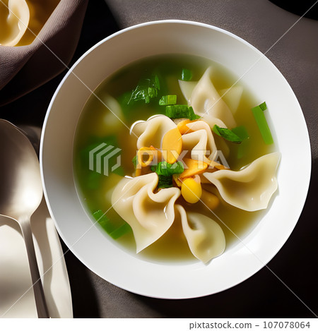 Shrimp dumplings with wonton soup delicious served on bowl 107078064