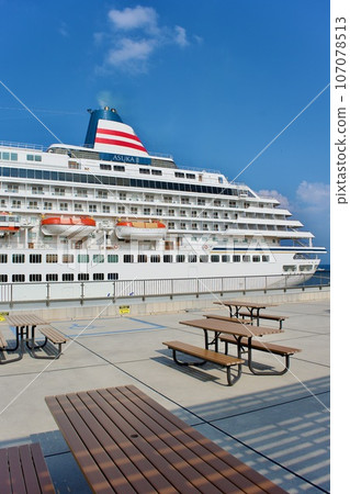 Luxury cruise ship Asuka II anchored at Sakaiyume Port Terminal Luxury cruise ship Asuka II anchored at Sakaiyume Port Terminal 107078513