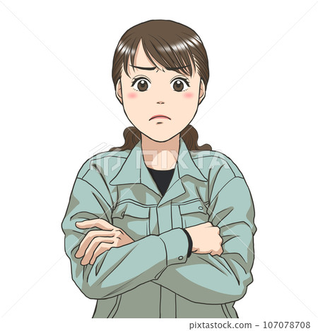 穿著工作服的女人雙手交叉，看起來很沮喪 107078708