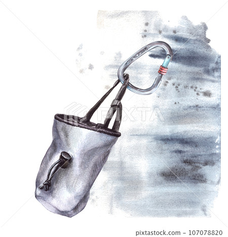 Climbing grey chalk textile belt bag with carabiner. Bouldering equipment. Watercolor illustration isolated on white background on grey watercolour stains and splatters. For stickers, posters, cards. Climbing grey chalk textile belt bag with carabiner. Bouldering equipment. Watercolor illustration isolated on white background on grey watercolour stains and splatters. For stickers, posters, cards. 107078820