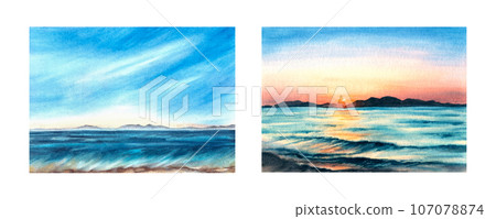 Romantic watercolor landscape illustration Set. Colourful sunset and sunrise at the sea with the cloud and reflection on the water. Hand drawn background Design for cover page, banner, booklet Romantic watercolor landscape illustration Set. Colourful sunset and sunrise at the sea with the cloud and reflection on the water. Hand drawn background Design for cover page, banner, booklet 107078874